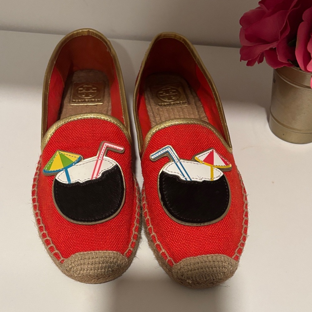 Tory Burch Red Canvas Espadrilles with Cocktail Patch and Gold Trim